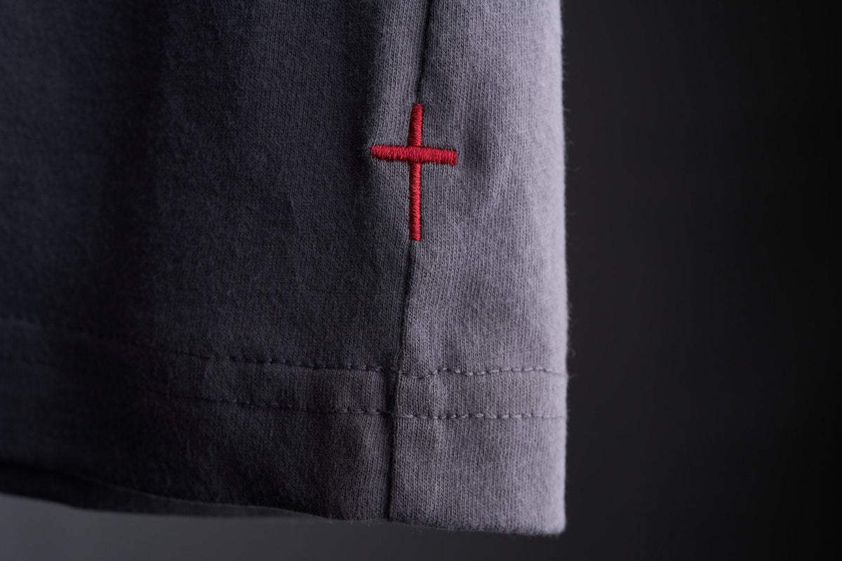 Iron gray Workhorse Performance Tee red embroidered cross sleeve detail