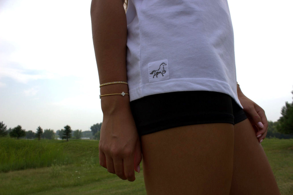 Chalk White Workhorse Performance Tee outdoors with Stally horse patch