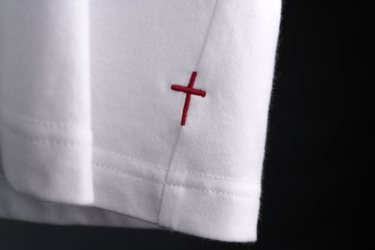 Chalk White Workhorse Performance Tee red embroidered cross sleeve detail